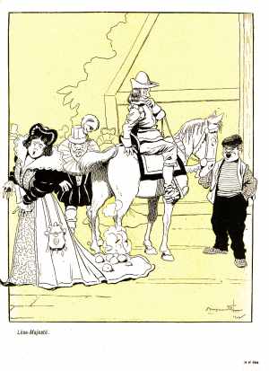 Un cheval envoie du crottin  sur la robe d'une reine.