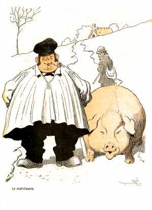 Un paysan obèse et énorme est à coté d'un cochon énorme également :dessin de Benjamin Rabier