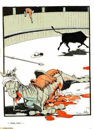 Un taureau vient d'eventrer le cheval du taureadore , ce dernier se sauve.Dessin de Benjamin Rabier