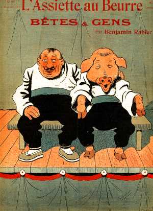 Un homme et un cochon sont assis cote àcote sur un banc : Ils se ressemblent. dessin de Benjamin rabier