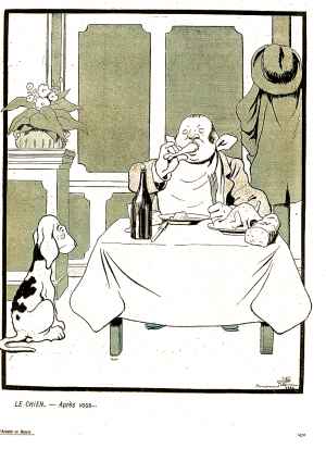 Un homme est assis devant un repas copieux , un chien le regarde.